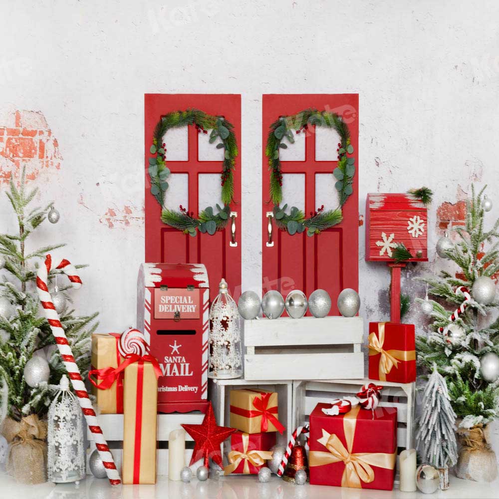 Kate Christmas Backdrop Red Wooden Door Winter Tree Designed by Chain Photography