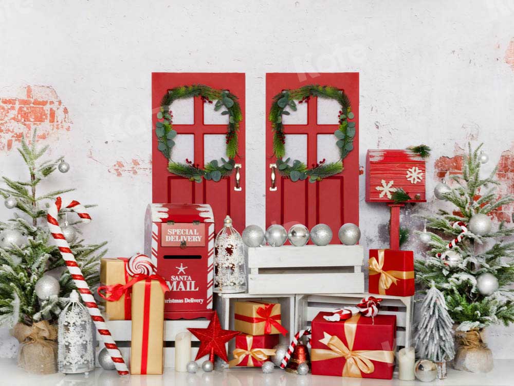 Kate Christmas Backdrop Red Wooden Door Winter Tree Designed by Chain Photography - Kate Backdrop AU