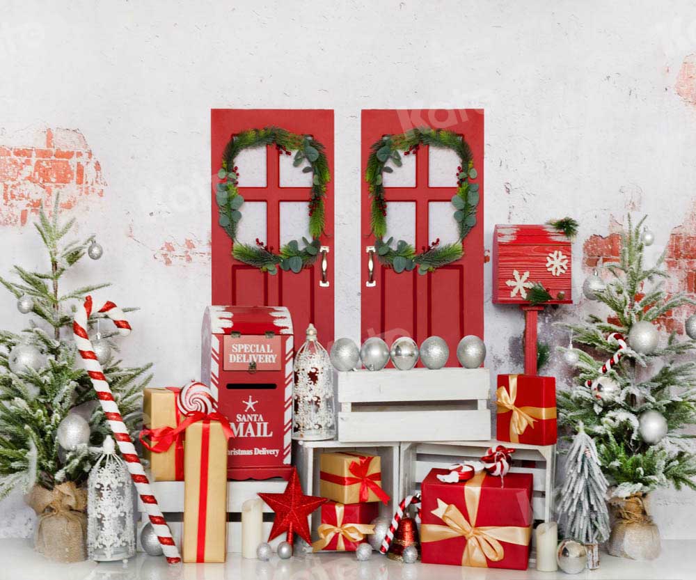 Kate Christmas Backdrop Red Wooden Door Winter Tree Designed by Chain Photography - Kate Backdrop AU