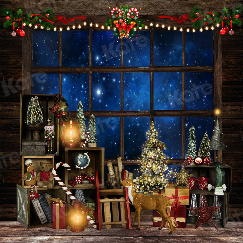 Kate Christmas Night Backdrop Tree Elk Window Starry Sky for Photography