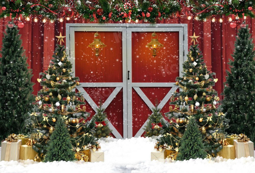 Kate Christmas Tree Backdrop Red Door Snow for Photography