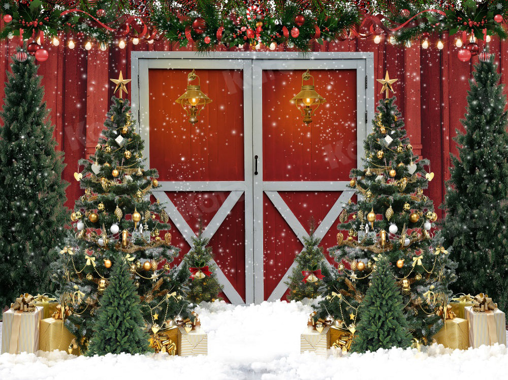 Kate Christmas Tree Backdrop Red Door Snow for Photography
