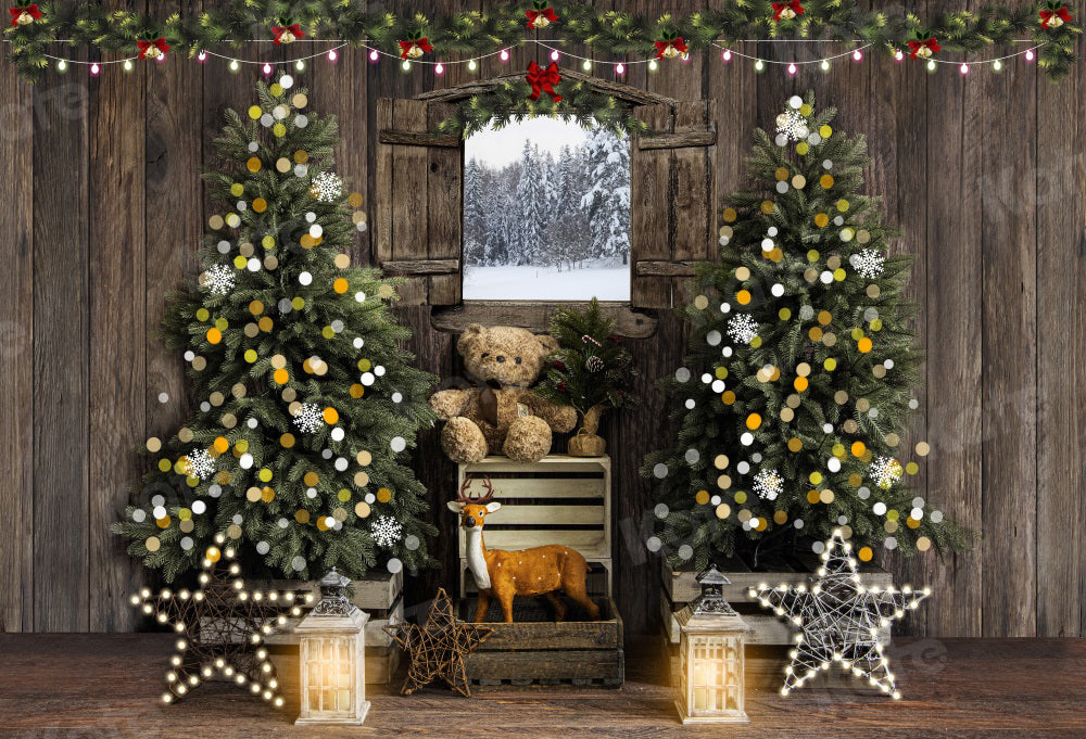 Kate Christmas Tree Backdrop Bokeh Chalet Snow Window for Photography