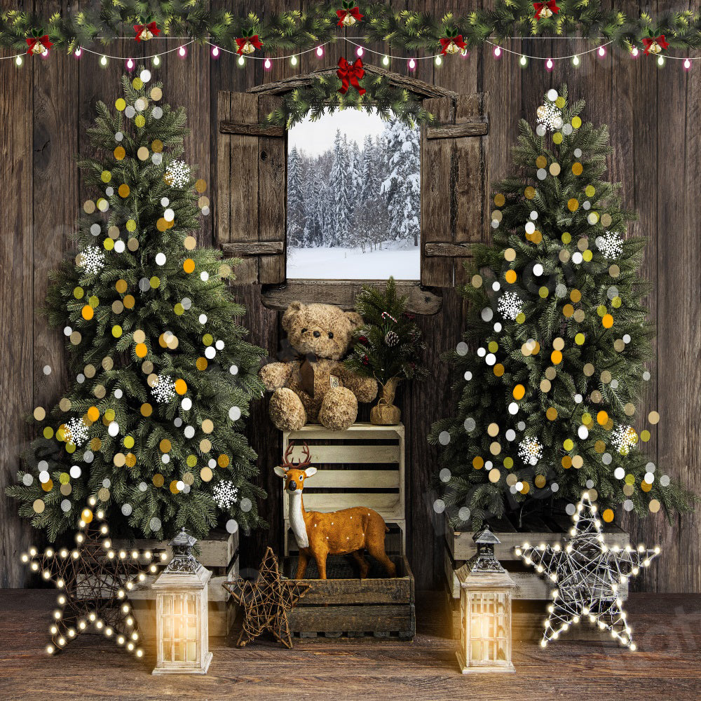 Kate Christmas Tree Backdrop Bokeh Chalet Snow Window for Photography - Kate Backdrop AU