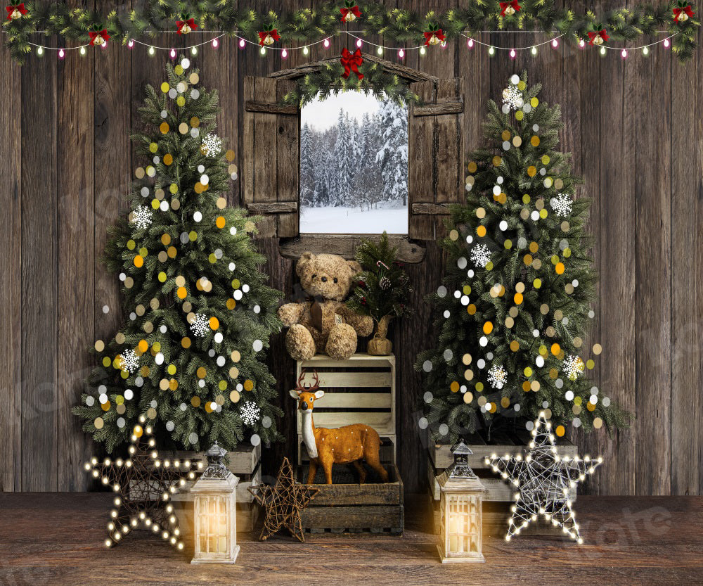 Kate Christmas Tree Backdrop Bokeh Chalet Snow Window for Photography