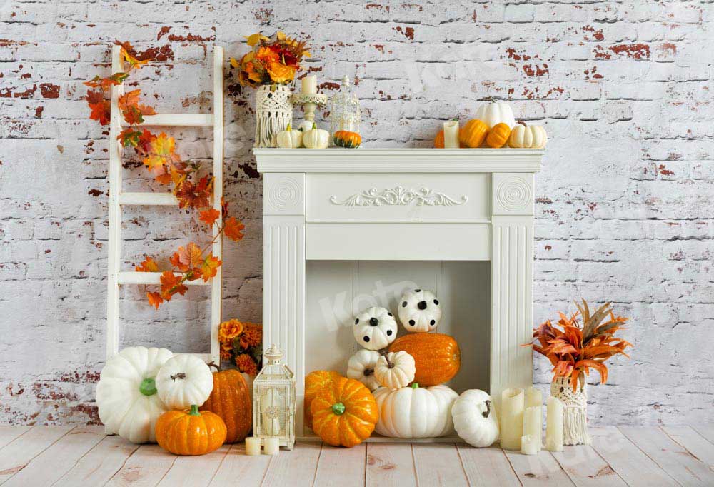 Kate White Fireplace Backdrop Brick Wall Pumpkin Autumn Designed by Emetselch - Kate Backdrop AU