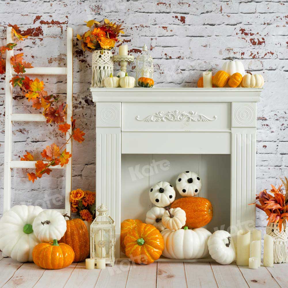Kate White Fireplace Backdrop Brick Wall Pumpkin Autumn Designed by Emetselch - Kate Backdrop AU