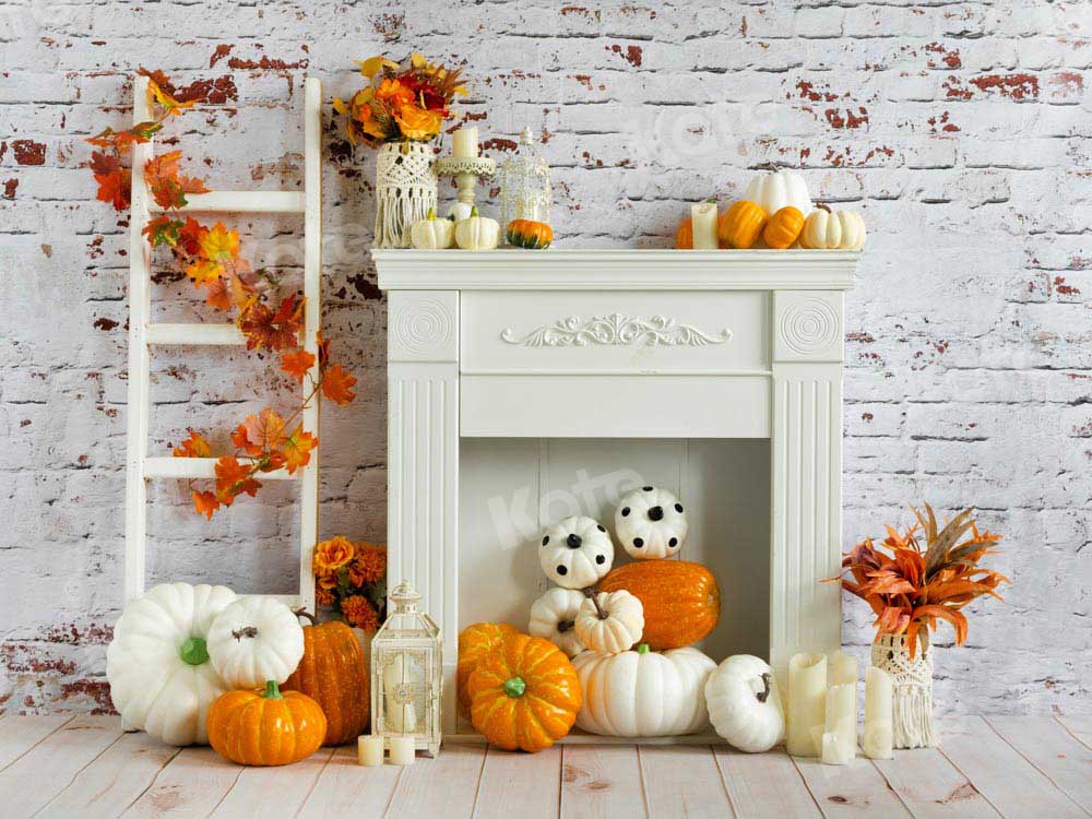 Kate White Fireplace Backdrop Brick Wall Pumpkin Autumn Designed by Emetselch