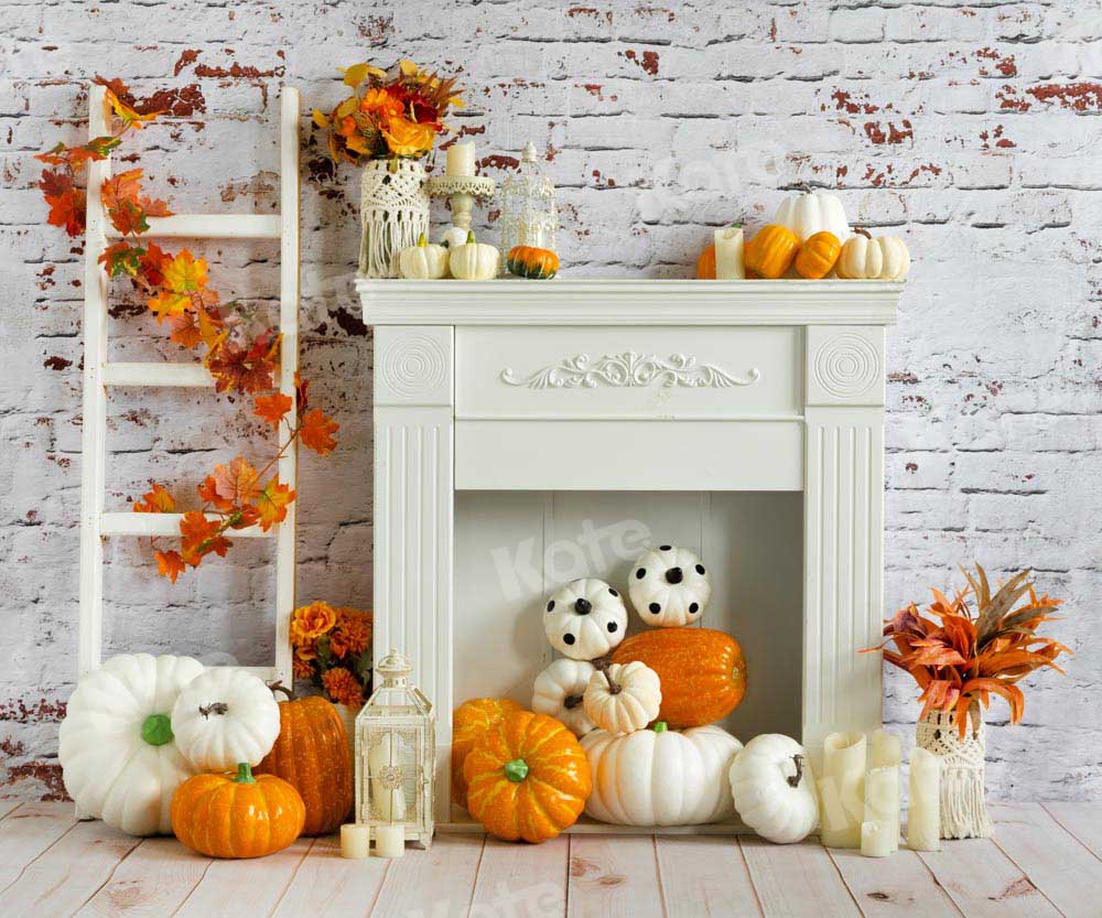 Kate White Fireplace Backdrop Brick Wall Pumpkin Autumn Designed by Emetselch - Kate Backdrop AU