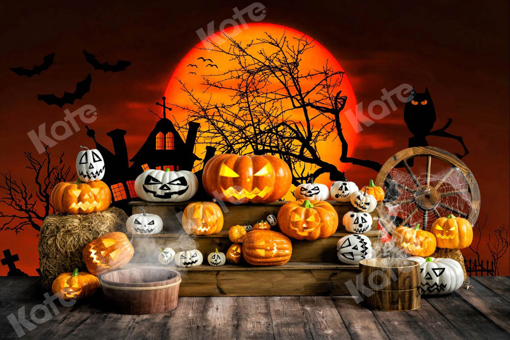 Kate Halloween Pumpkin Backdrop Boy Moon Wood Grain Designed by Emetselch