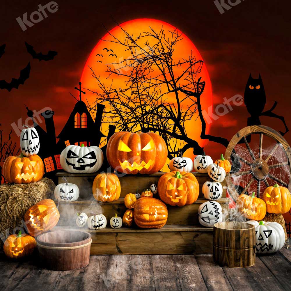 Kate Halloween Pumpkin Backdrop Boy Moon Wood Grain Designed by Emetselch