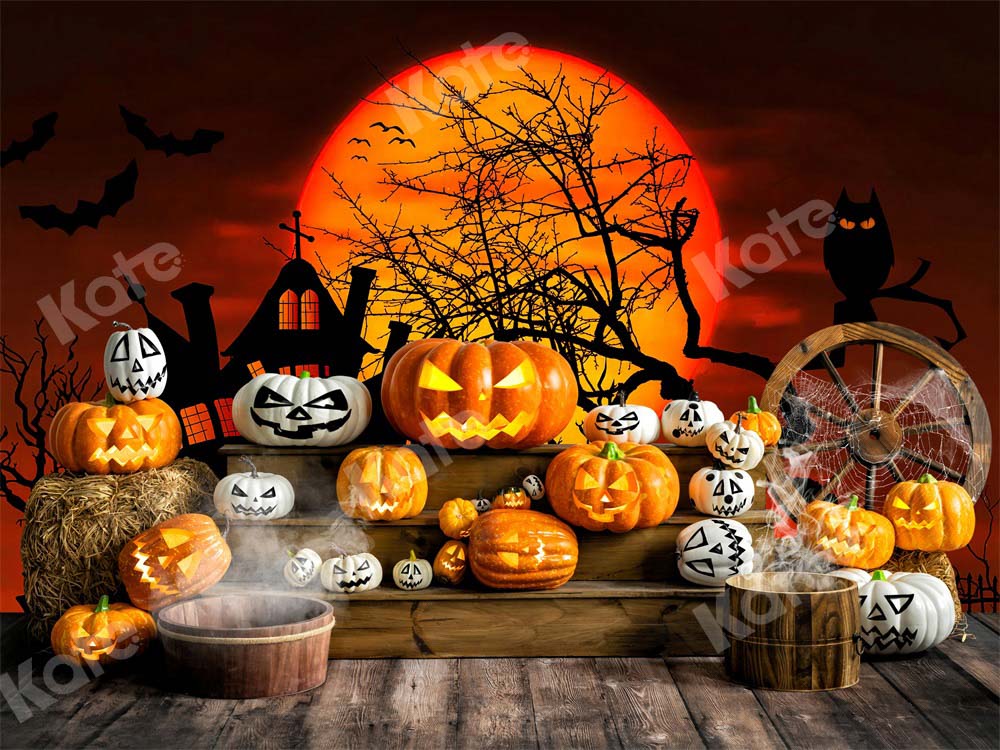 Kate Halloween Pumpkin Backdrop Boy Moon Wood Grain Designed by Emetselch