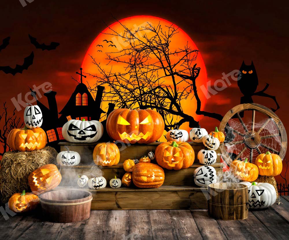 Kate Halloween Pumpkin Backdrop Boy Moon Wood Grain Designed by Emetselch