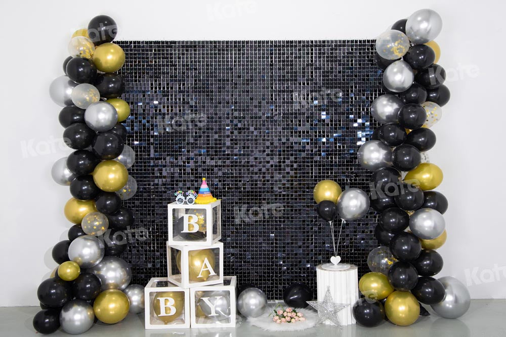 Kate Balloon Biryhday Backdrop Black Gold Cake Smash Party Designed by Emetselch
