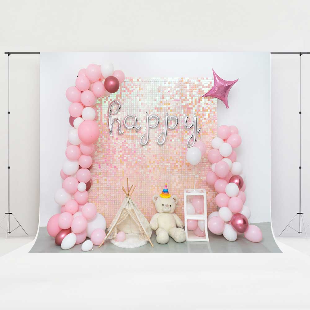 Kate Pink Balloon Party Backdrop Cake Smash Biryhday Designed by Emetselch - Kate Backdrop AU