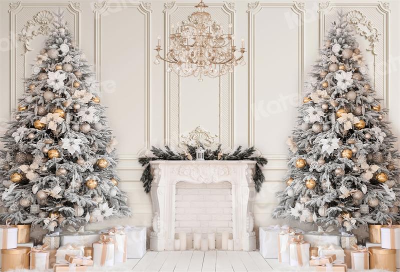 Kate Christmas Fireplace Backdrop White Chandelier Gift  for Photography