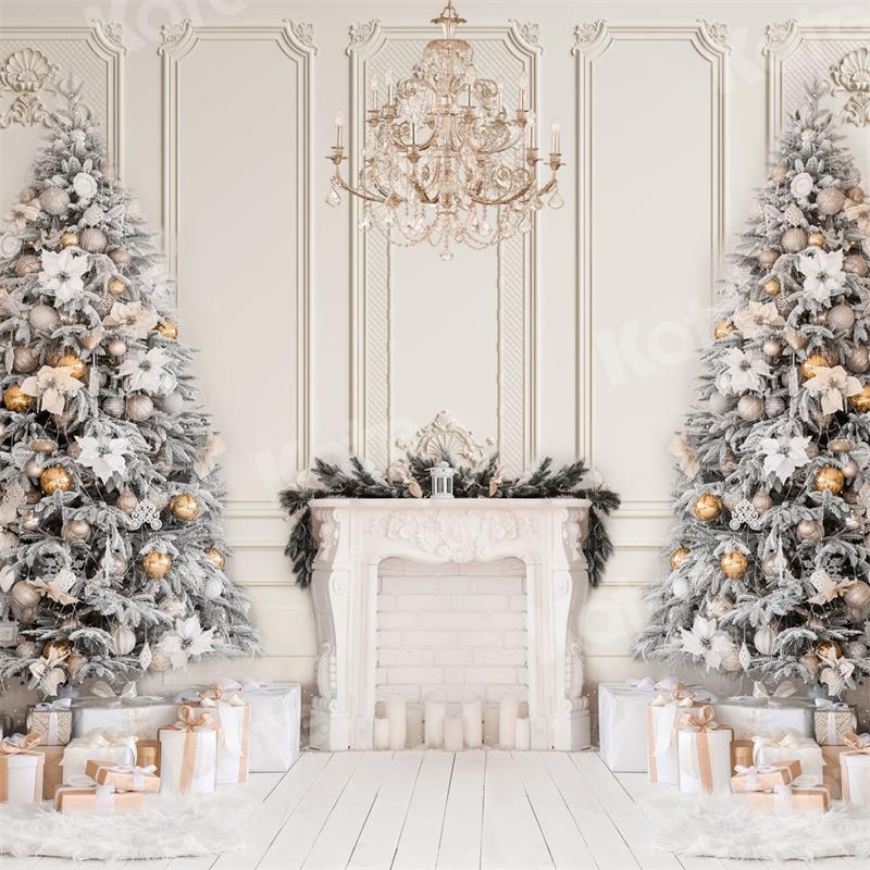 Kate Christmas Fireplace Backdrop White Chandelier Gift  for Photography