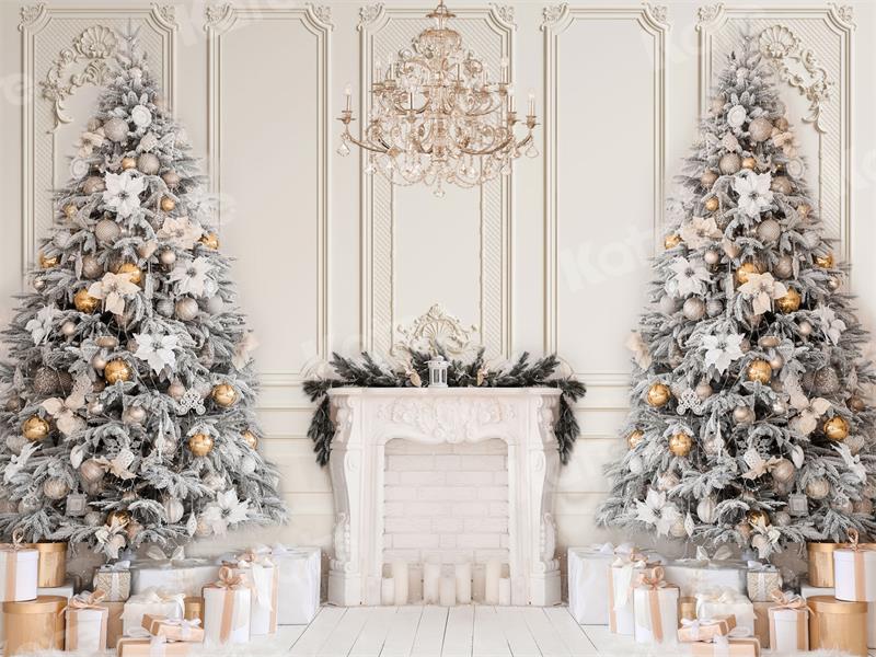 Kate Christmas Fireplace Backdrop White Chandelier Gift  for Photography
