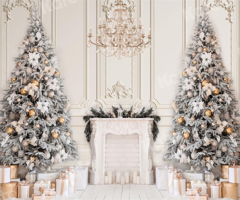 Kate Christmas Fireplace Backdrop White Chandelier Gift  for Photography