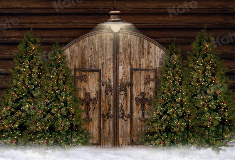 Kate Christmas Tree Backdrop Snow Door Wood Grain for Photography