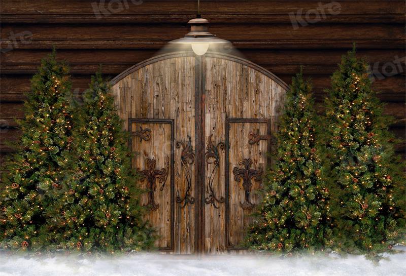 Kate Christmas Tree Backdrop Snow Door Wood Grain for Photography - Kate Backdrop AU