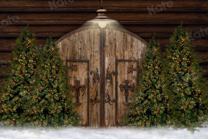 Kate Christmas Tree Backdrop Snow Door Wood Grain for Photography