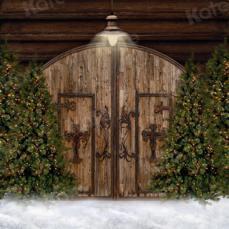 Kate Christmas Tree Backdrop Snow Door Wood Grain for Photography - Kate Backdrop AU