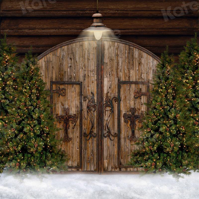 Kate Christmas Tree Backdrop Snow Door Wood Grain for Photography