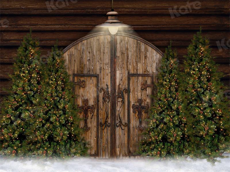 Kate Christmas Tree Backdrop Snow Door Wood Grain for Photography