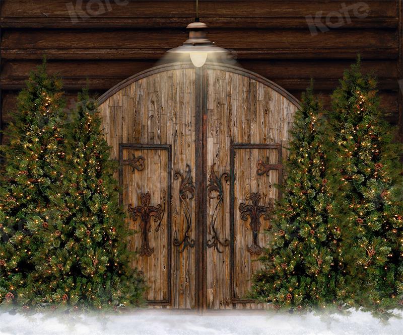 Kate Christmas Tree Backdrop Snow Door Wood Grain for Photography