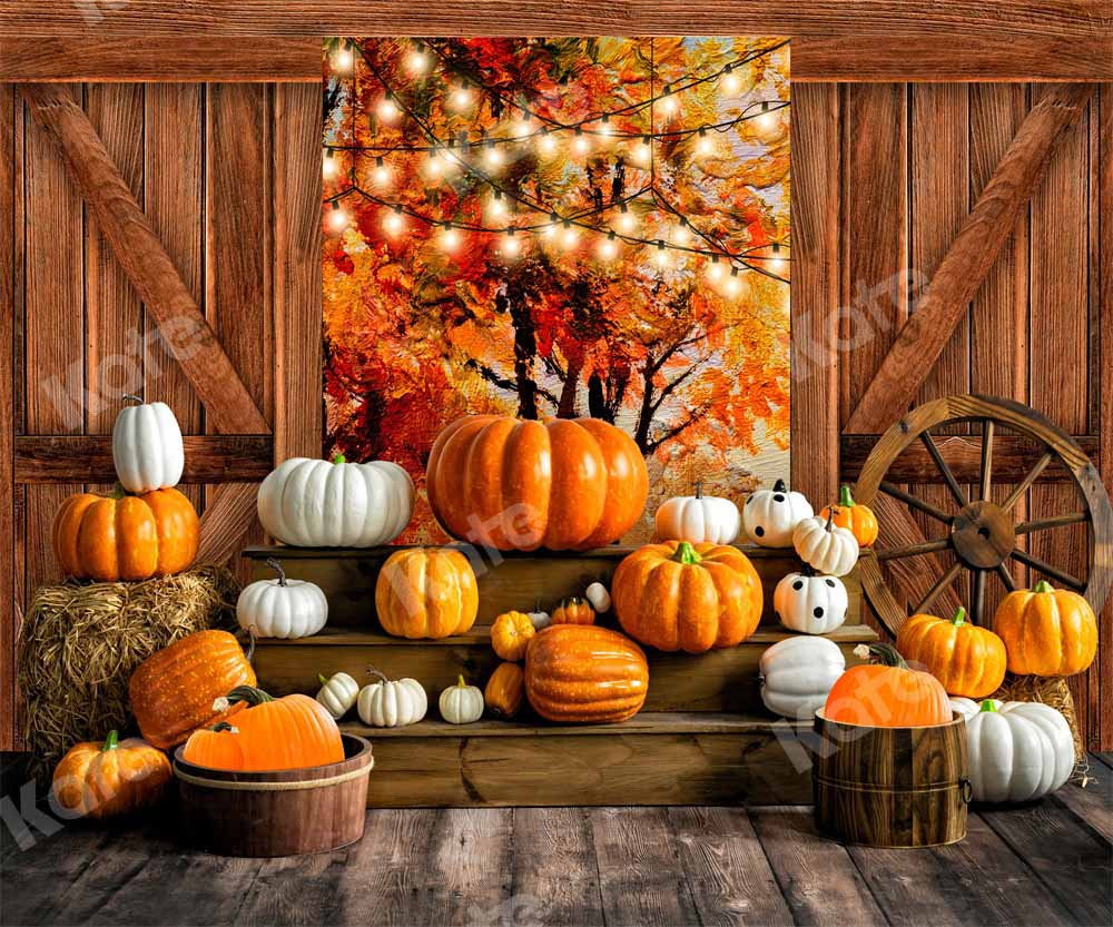 Kate Autumn Pumpkin Backdrop Wooden Door Designed by Emetselch - Kate Backdrop AU