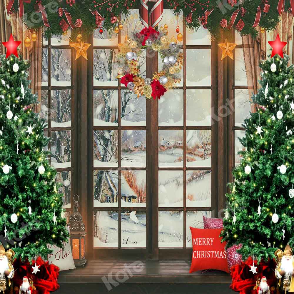Kate Winter Christmas Tree Backdrop Window Snow Designed by Emetselch - Kate Backdrop AU
