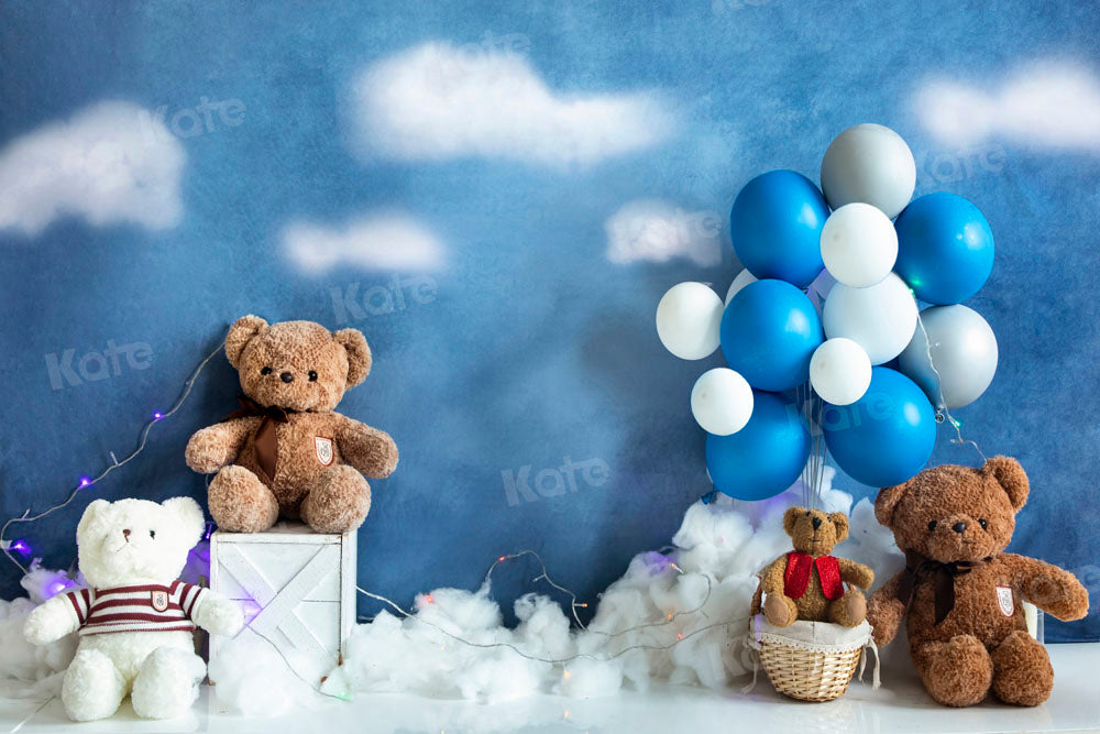 Kate Bear Balloon Travel Backdrop Birthday Blue Designed by Emetselch - Kate Backdrop AU