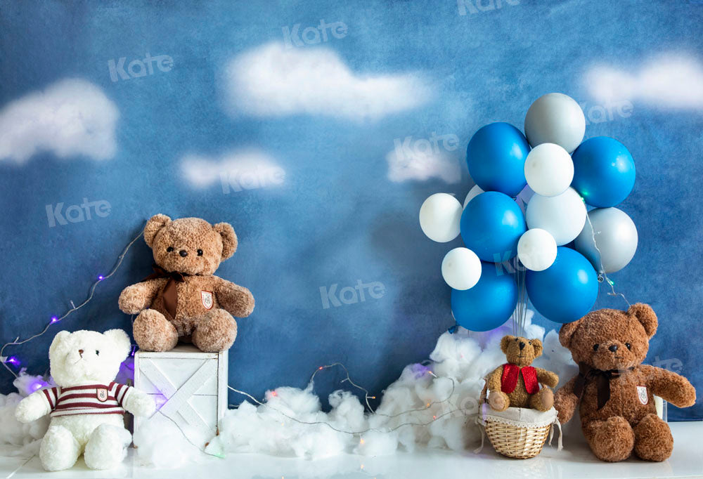 Kate Bear Balloon Travel Backdrop Birthday Blue Designed by Emetselch - Kate Backdrop AU