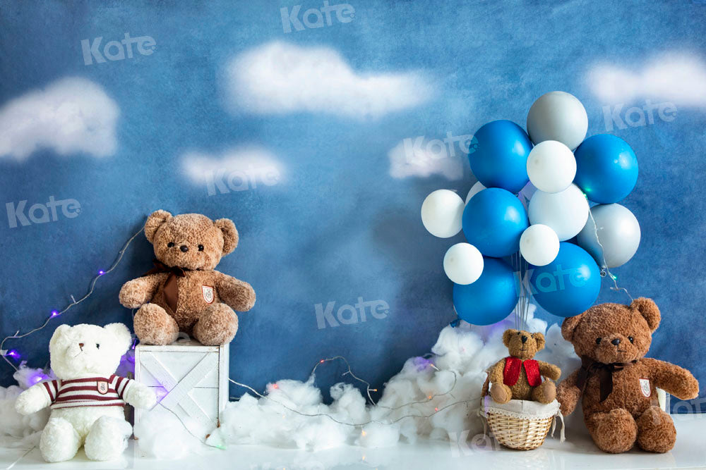 Kate Bear Balloon Travel Backdrop Birthday Blue Designed by Emetselch - Kate Backdrop AU