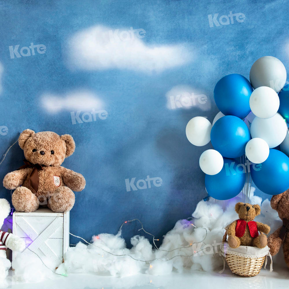Kate Bear Balloon Travel Backdrop Birthday Blue Designed by Emetselch - Kate Backdrop AU