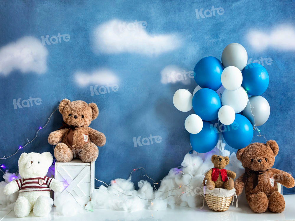 Kate Bear Balloon Travel Backdrop Birthday Blue Designed by Emetselch - Kate Backdrop AU