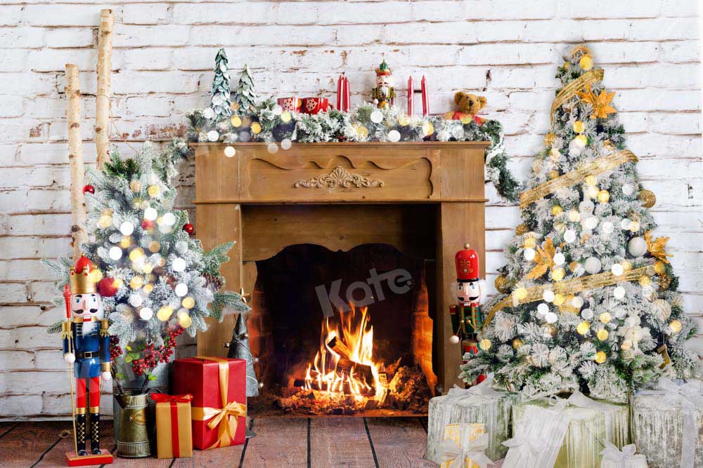 Kate Christmas Fireplace Backdrop Fire Tree Gift Designed by Emetselch