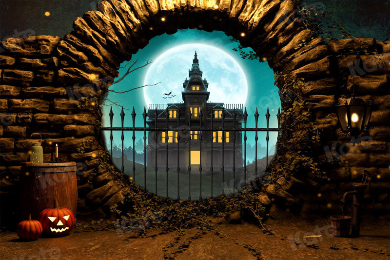 Kate Halloween Architecture Backdrop Moon Pumpkin for Photography - Kate Backdrop AU