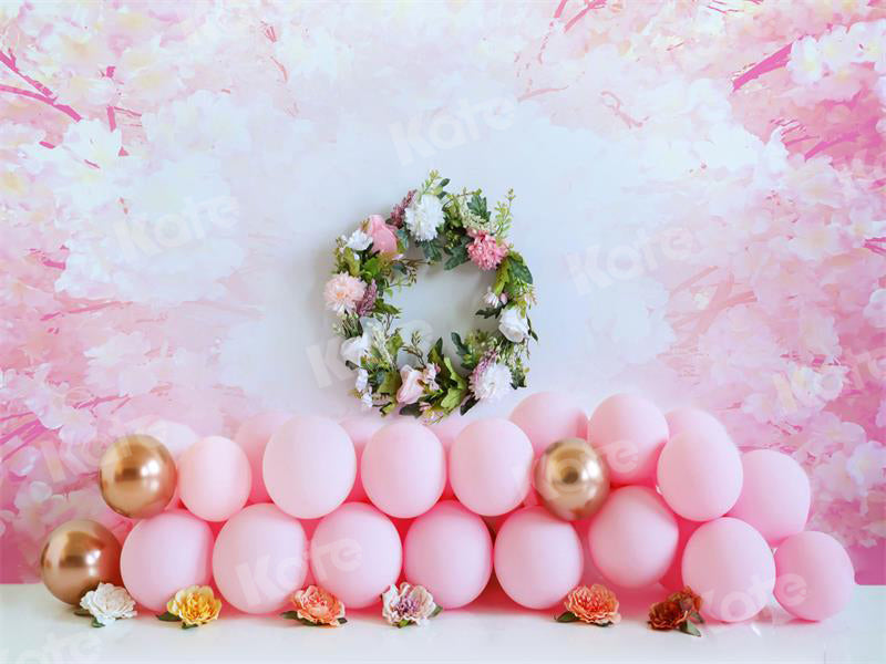 Kate Pink Balloon Floral Backdrop Cake Smash for Photography - Kate Backdrop AU