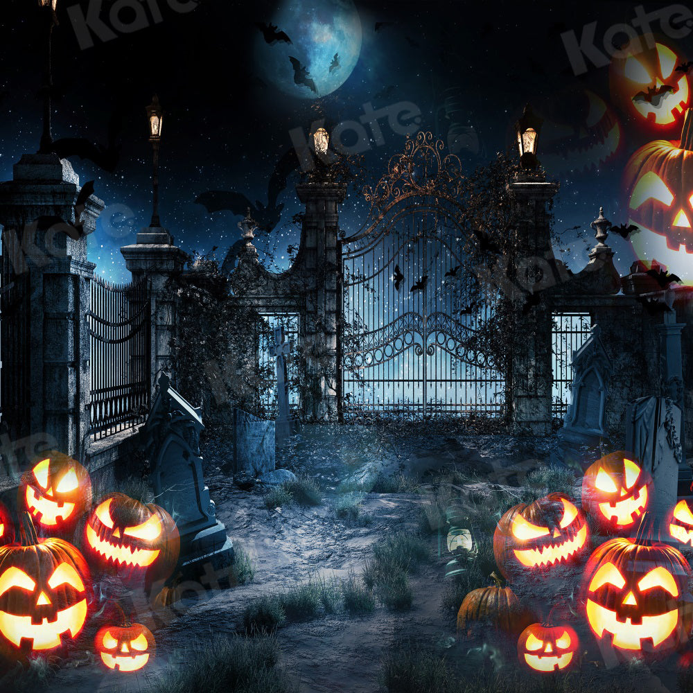 Kate Halloween Pumpkin Backdrop Moon Bat for Photography - Kate Backdrop AU