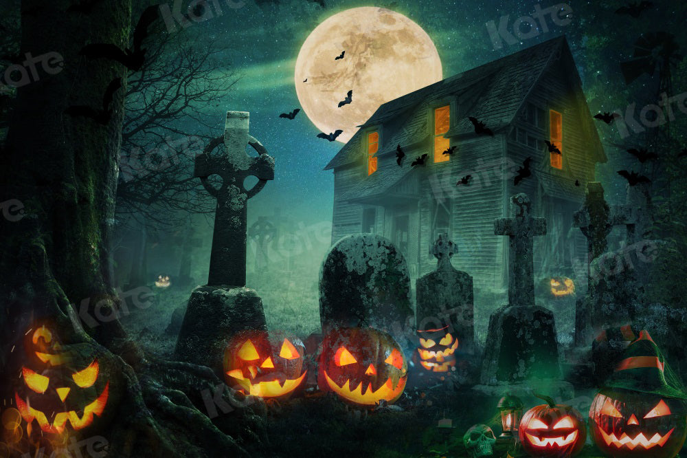 Kate Halloween Night Backdrop Moon Bat Pumpkin for Photography - Kate Backdrop AU