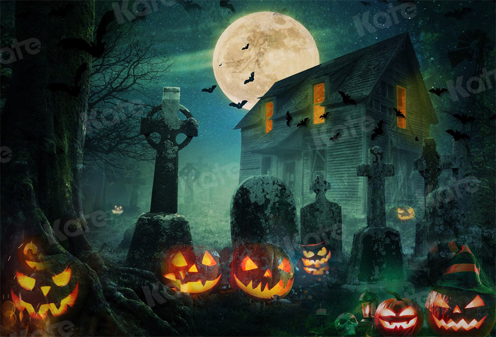 Kate Halloween Night Backdrop Moon Bat Pumpkin for Photography - Kate Backdrop AU