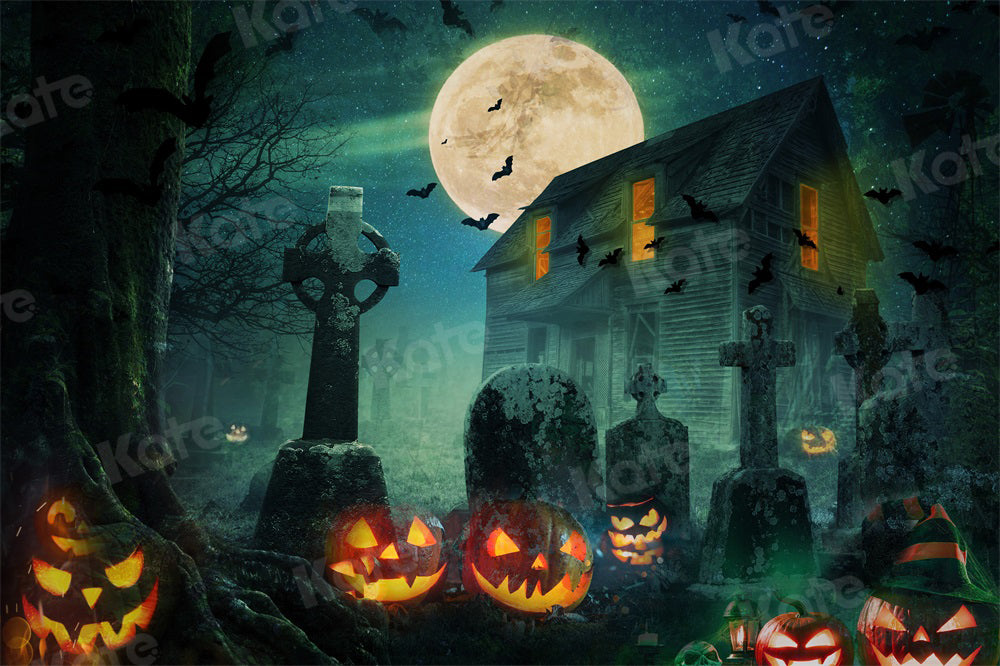 Kate Halloween Night Backdrop Moon Bat Pumpkin for Photography - Kate Backdrop AU