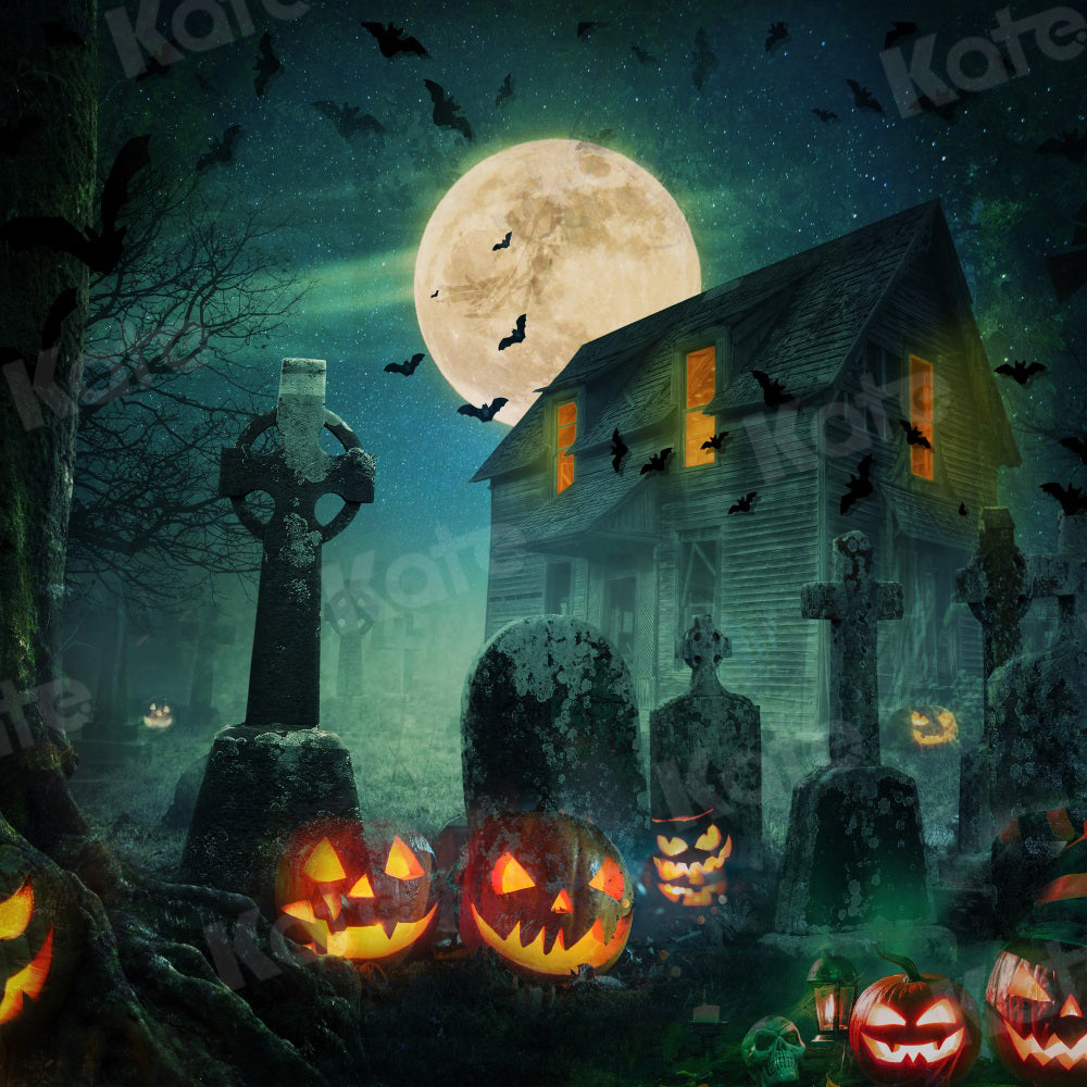 Kate Halloween Night Backdrop Moon Bat Pumpkin for Photography - Kate Backdrop AU