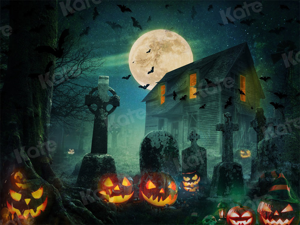 Kate Halloween Night Backdrop Moon Bat Pumpkin for Photography - Kate Backdrop AU