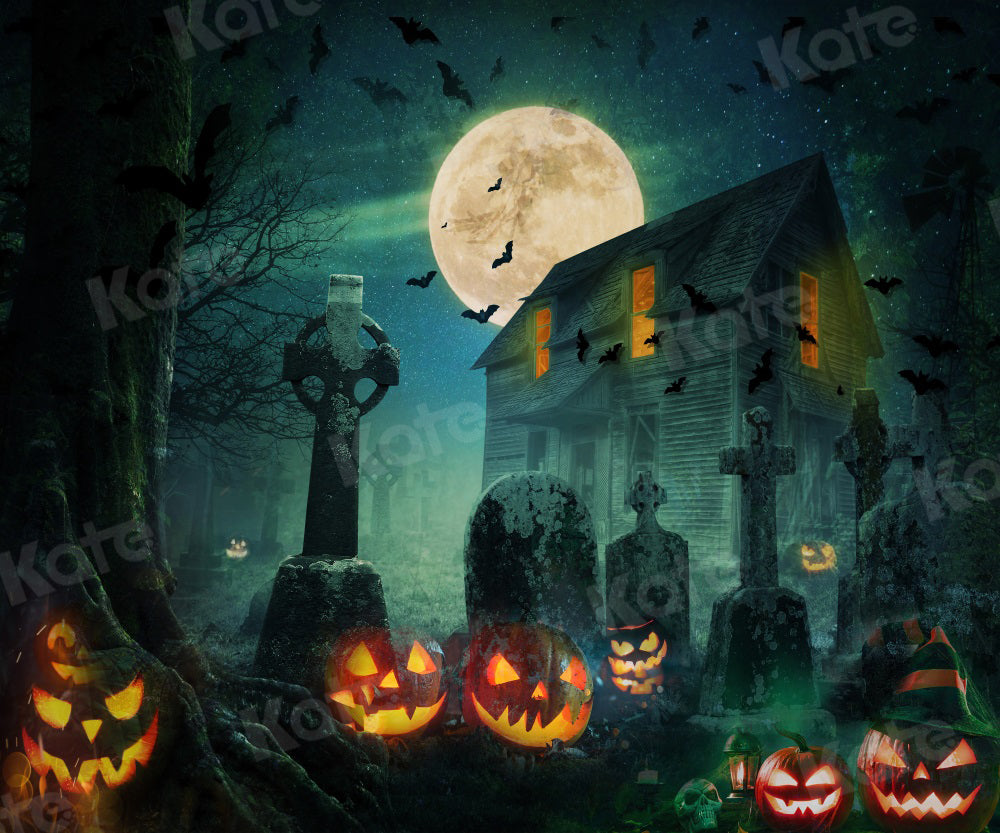 Kate Halloween Night Backdrop Moon Bat Pumpkin for Photography - Kate Backdrop AU