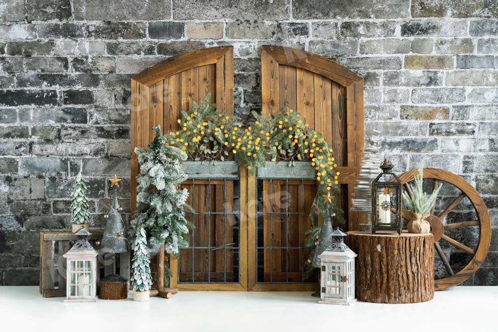 Kate Christmas Tree Backdrop Old Wooden Door Designed by Emetselch - Kate Backdrop AU