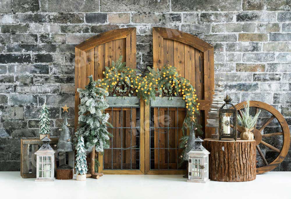Kate Christmas Tree Backdrop Old Wooden Door Designed by Emetselch - Kate Backdrop AU