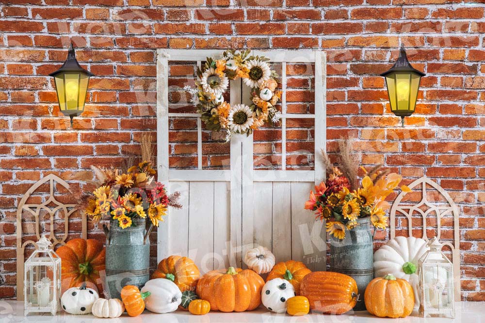 Kate Autumn Pumpkin Backdrop Brick Wall Designed by Emetselch - Kate Backdrop AU
